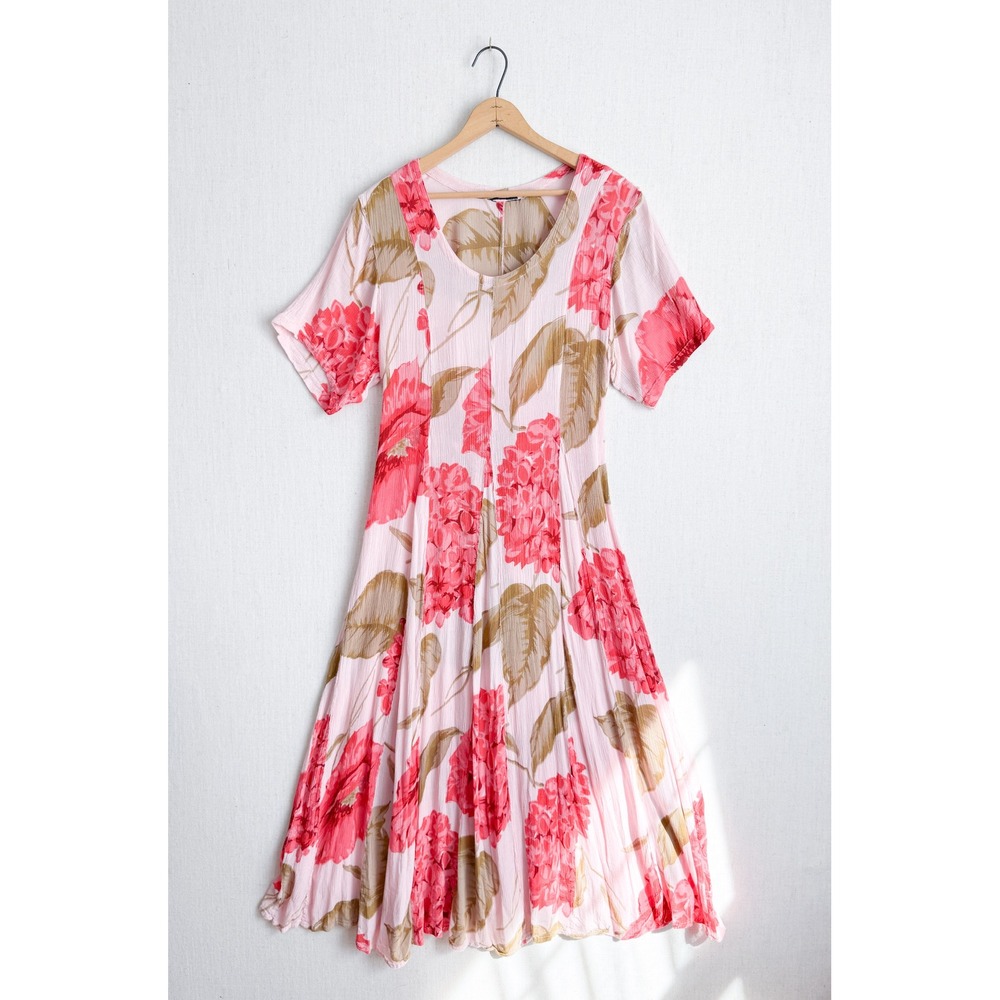 Pink Floral Vintage Crinkle Rayon Midi Dress Short Sleeve Boho Cottagecore M